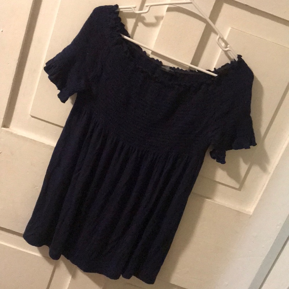 blue off the shoulder tunic with some frill